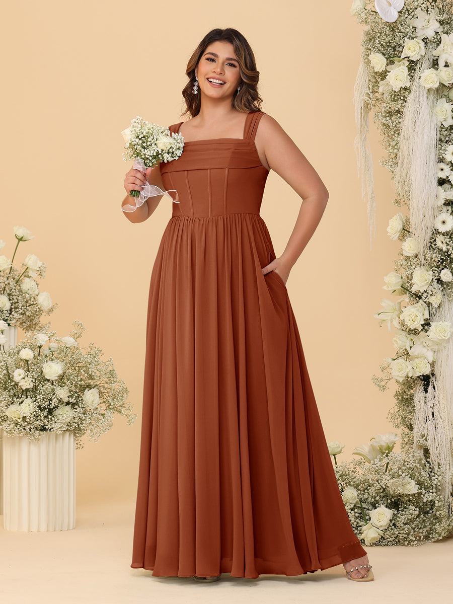 Chiffon A-Line/Princess Square Neck Sleeveless Plus Size Bridesmaid Dresses with Pleats Burnt Orange
