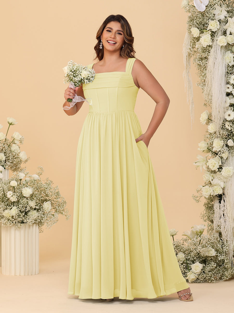Chiffon A-Line/Princess Square Neck Sleeveless Plus Size Bridesmaid Dresses with Pleats Canary