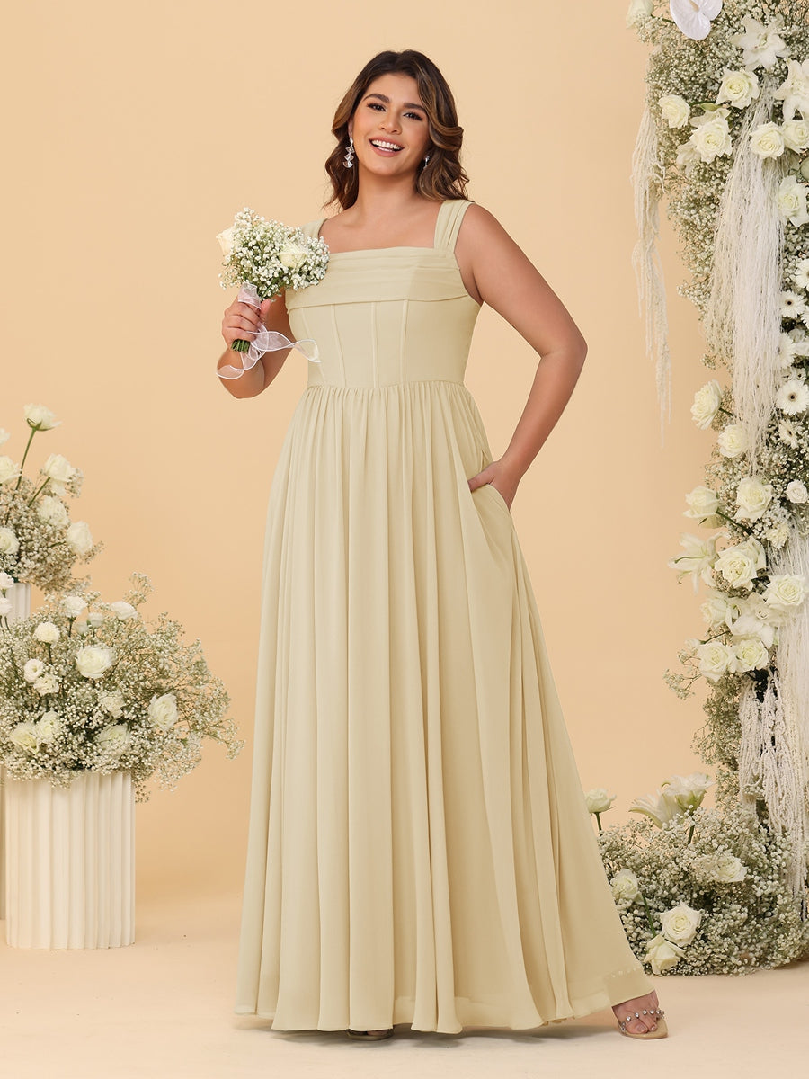 Chiffon A-Line/Princess Square Neck Sleeveless Plus Size Bridesmaid Dresses with Pleats Champagne