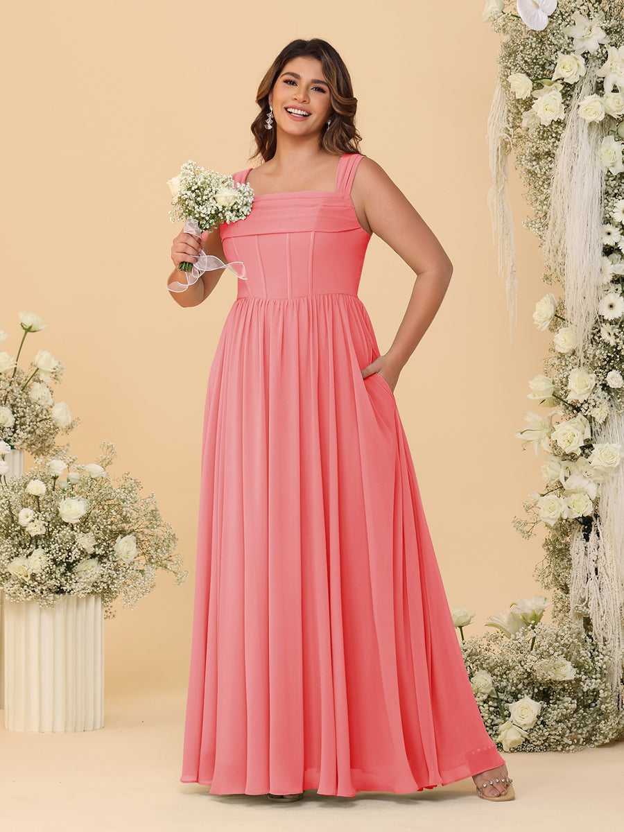 Chiffon A-Line/Princess Square Neck Sleeveless Plus Size Bridesmaid Dresses with Pleats Coral