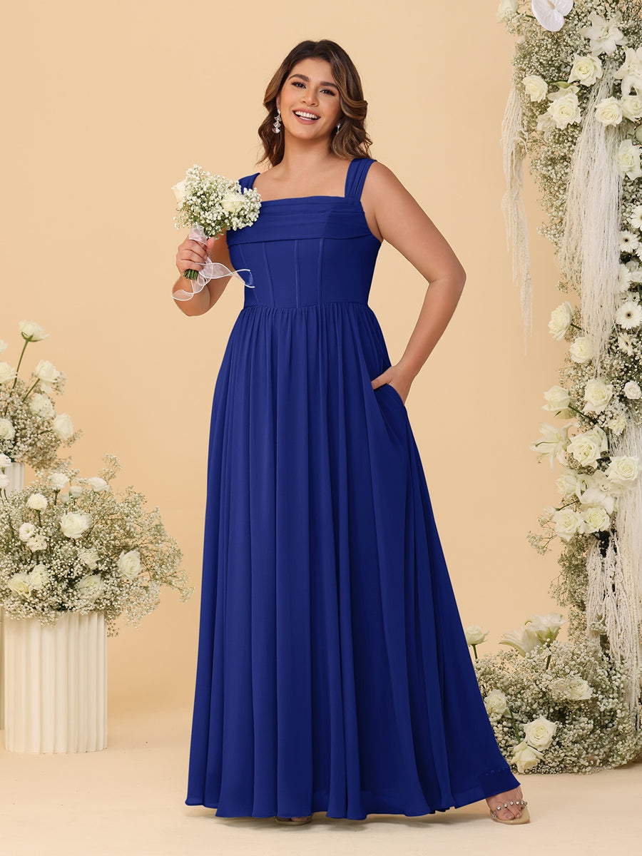 Chiffon A-Line/Princess Square Neck Sleeveless Plus Size Bridesmaid Dresses with Pleats Dark Royal Blue