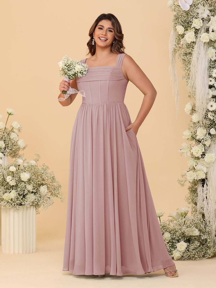 Chiffon A-Line/Princess Square Neck Sleeveless Plus Size Bridesmaid Dresses with Pleats Dusty Pink