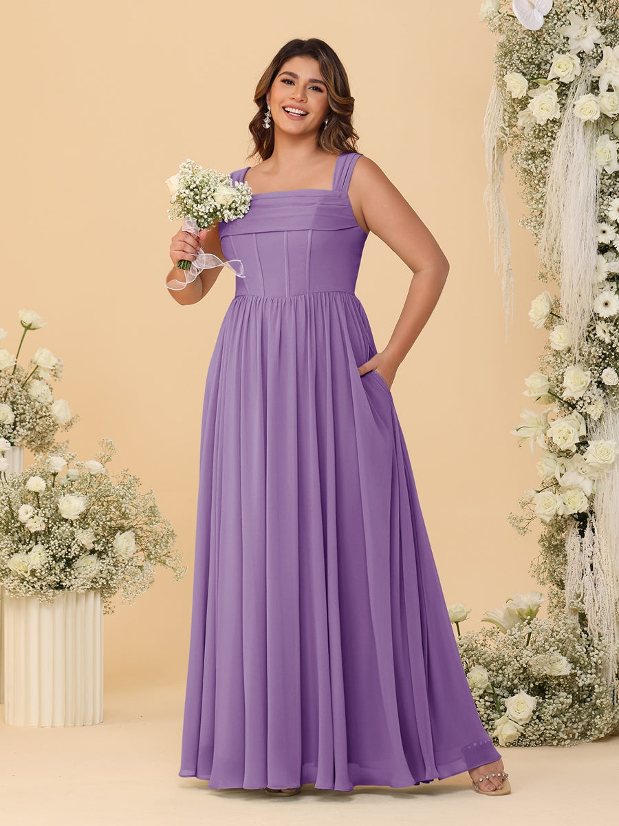 Chiffon A-Line/Princess Square Neck Sleeveless Plus Size Bridesmaid Dresses with Pleats Dusty Purple