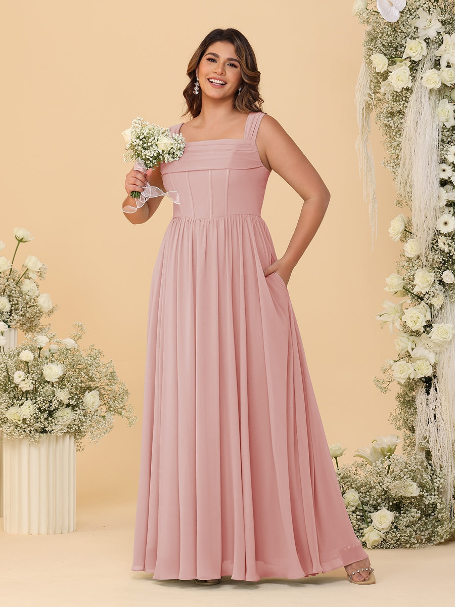 Chiffon A-Line/Princess Square Neck Sleeveless Plus Size Bridesmaid Dresses with Pleats Dusty Rose