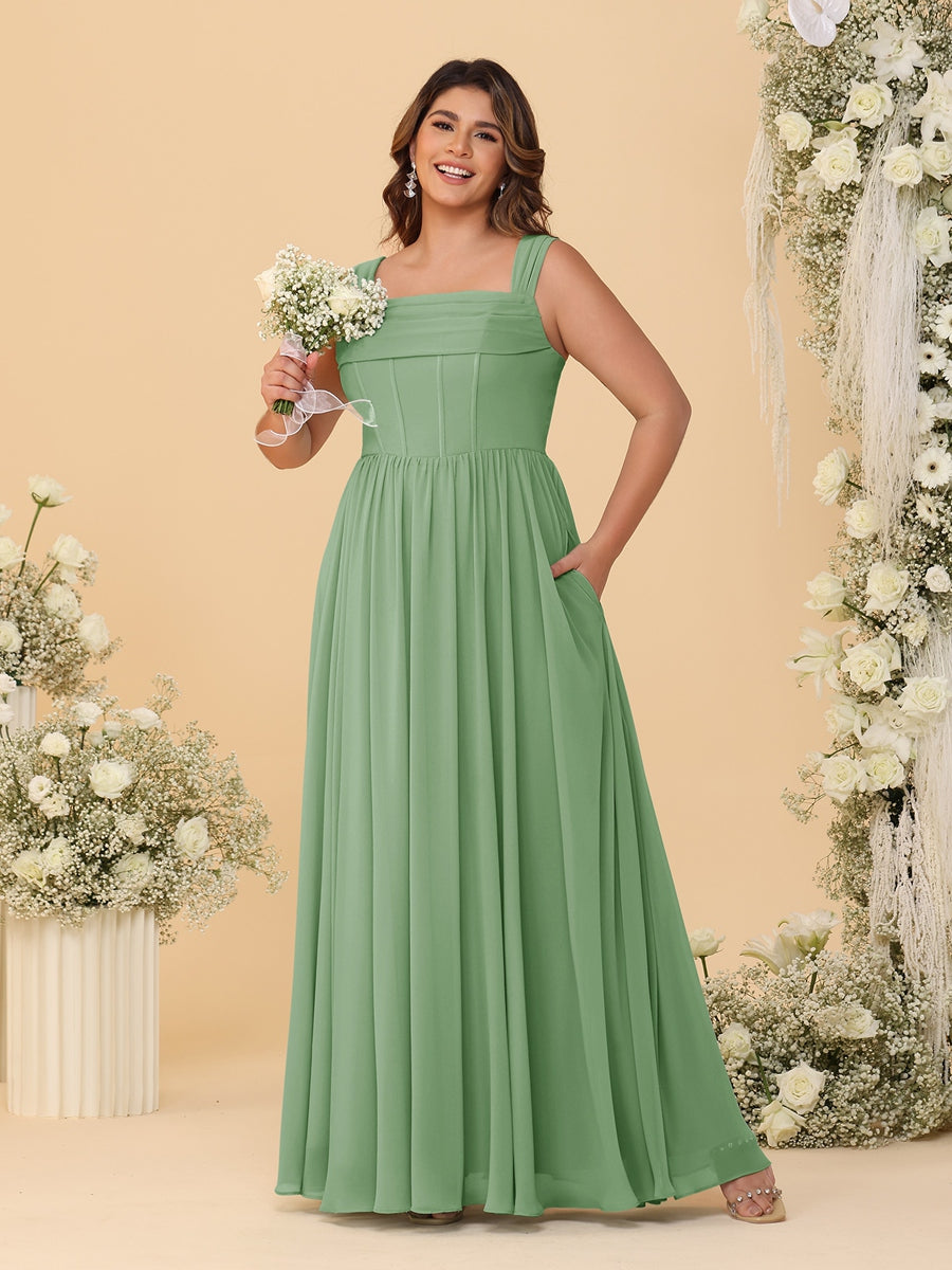 Chiffon A-Line/Princess Square Neck Sleeveless Plus Size Bridesmaid Dresses with Pleats Dusty Sage