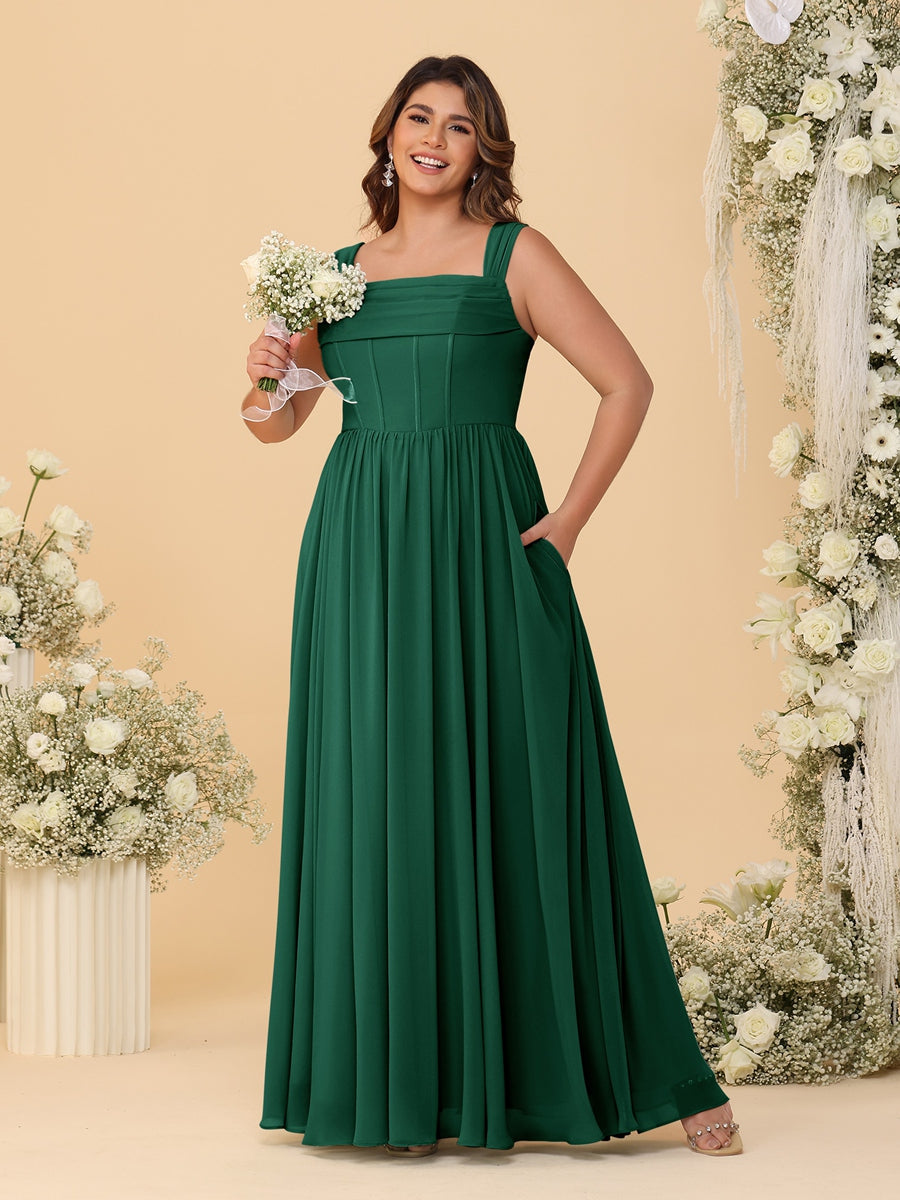 Chiffon A-Line/Princess Square Neck Sleeveless Plus Size Bridesmaid Dresses with Pleats Emerald