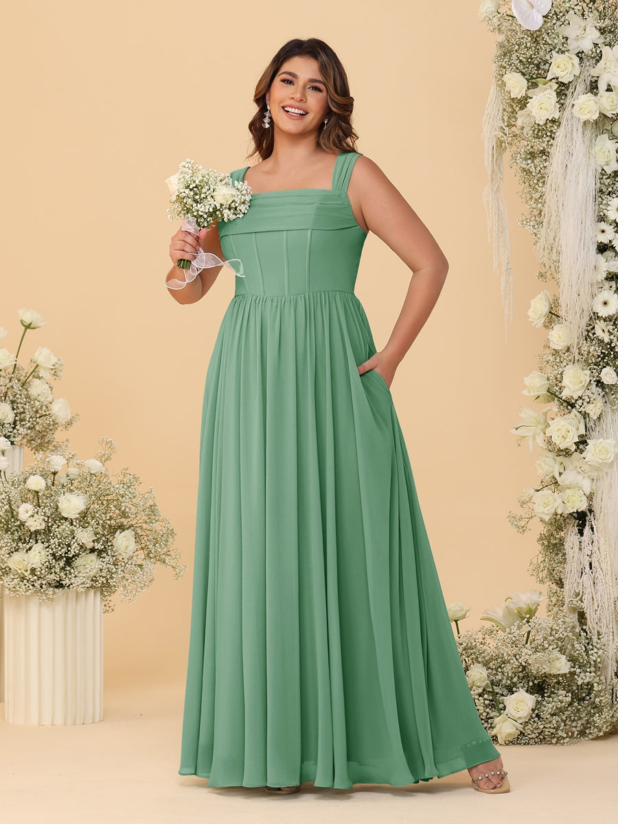 Chiffon A-Line/Princess Square Neck Sleeveless Plus Size Bridesmaid Dresses with Pleats Eucalyptus