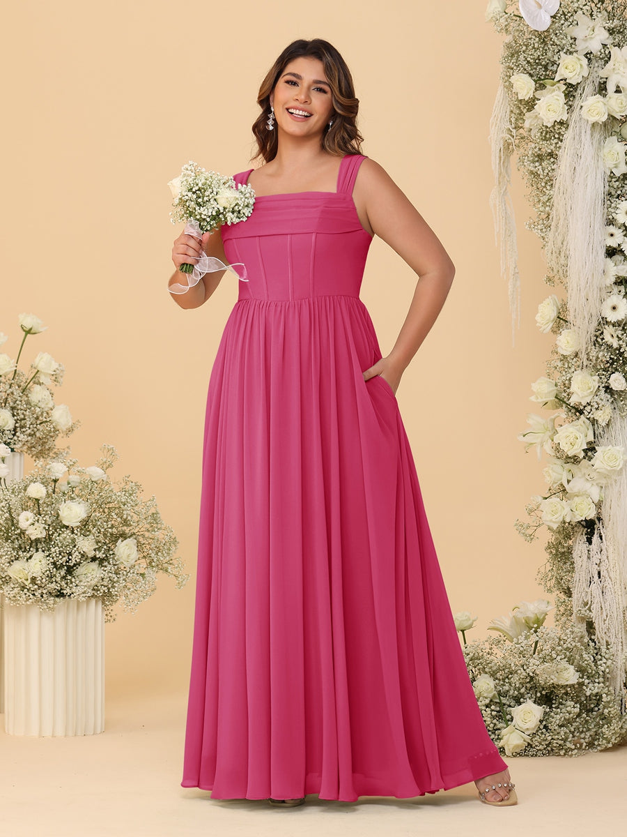 Chiffon A-Line/Princess Square Neck Sleeveless Plus Size Bridesmaid Dresses with Pleats Fuchsia