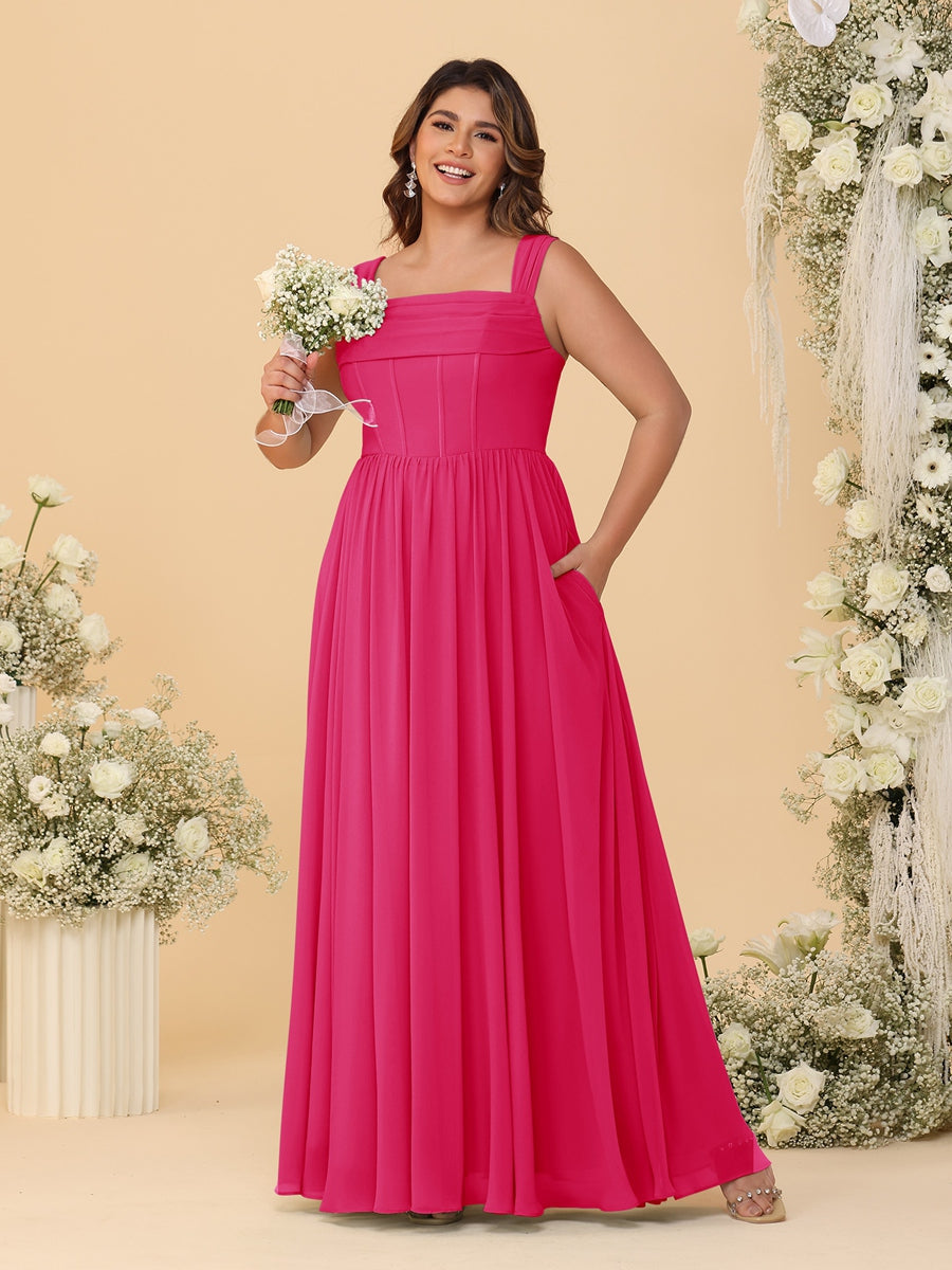 Chiffon A-Line/Princess Square Neck Sleeveless Plus Size Bridesmaid Dresses with Pleats Fuchsia Pink