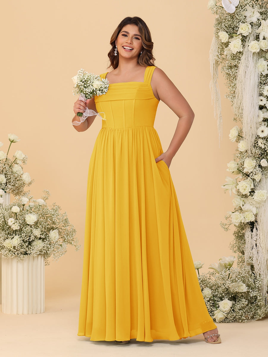 Chiffon A-Line/Princess Square Neck Sleeveless Plus Size Bridesmaid Dresses with Pleats Gold