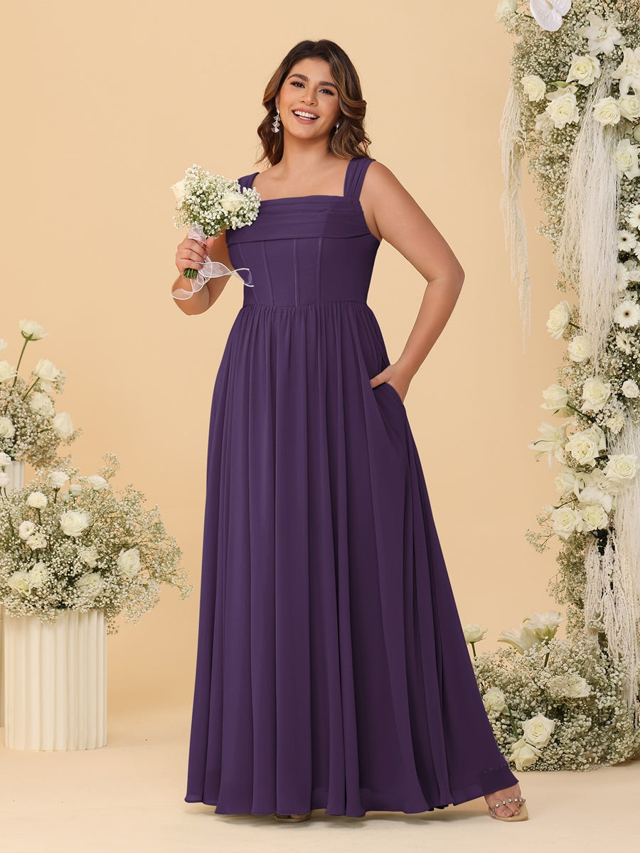 Chiffon A-Line/Princess Square Neck Sleeveless Plus Size Bridesmaid Dresses with Pleats Grape