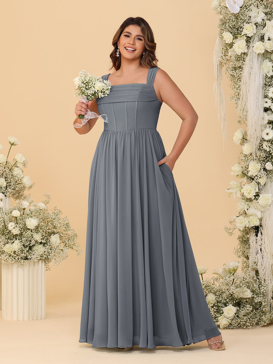 Chiffon A-Line/Princess Square Neck Sleeveless Plus Size Bridesmaid Dresses with Pleats Gray