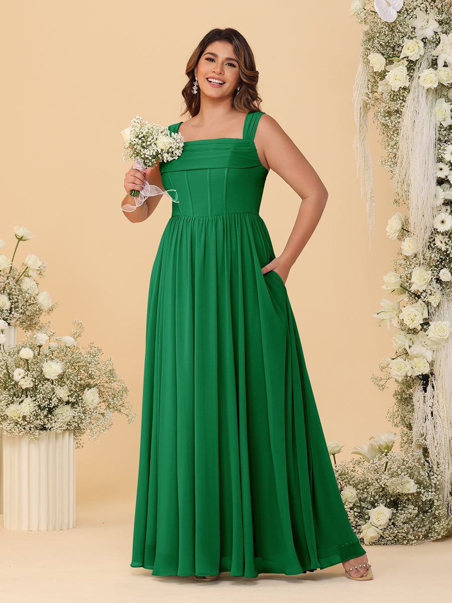 Chiffon A-Line/Princess Square Neck Sleeveless Plus Size Bridesmaid Dresses with Pleats Green