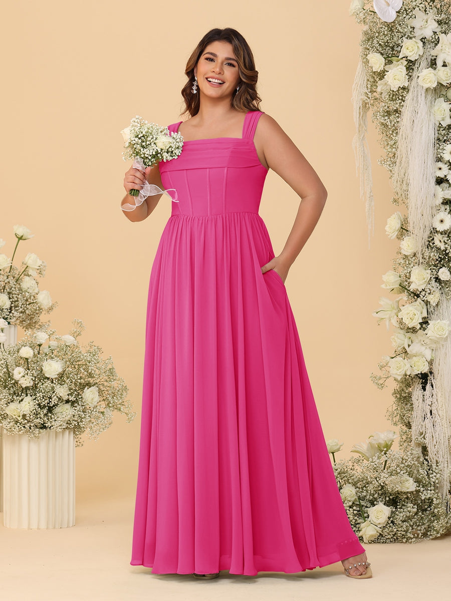 Chiffon A-Line/Princess Square Neck Sleeveless Plus Size Bridesmaid Dresses with Pleats Hot Pink