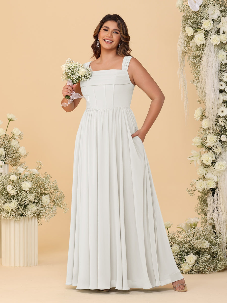 Chiffon A-Line/Princess Square Neck Sleeveless Plus Size Bridesmaid Dresses with Pleats Ivory