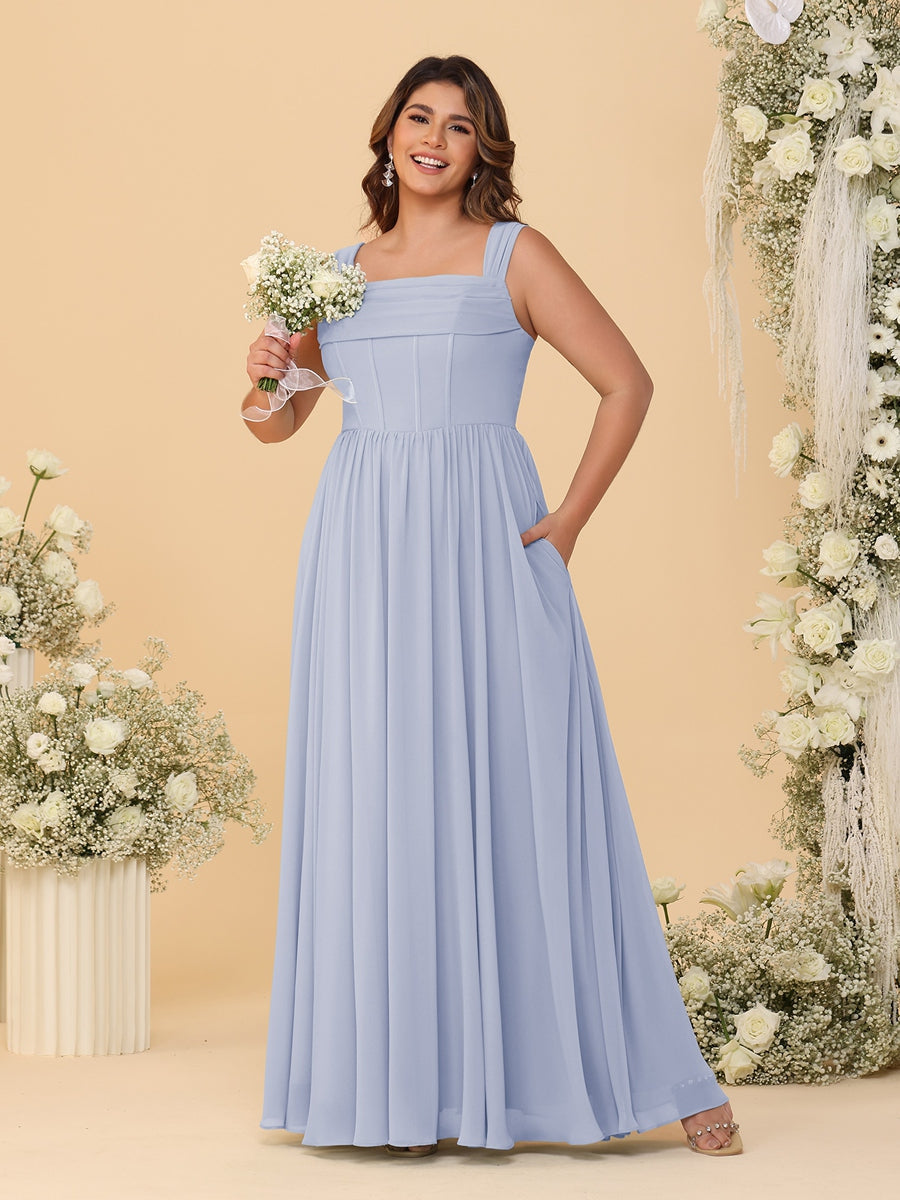 Chiffon A-Line/Princess Square Neck Sleeveless Plus Size Bridesmaid Dresses with Pleats Lavender