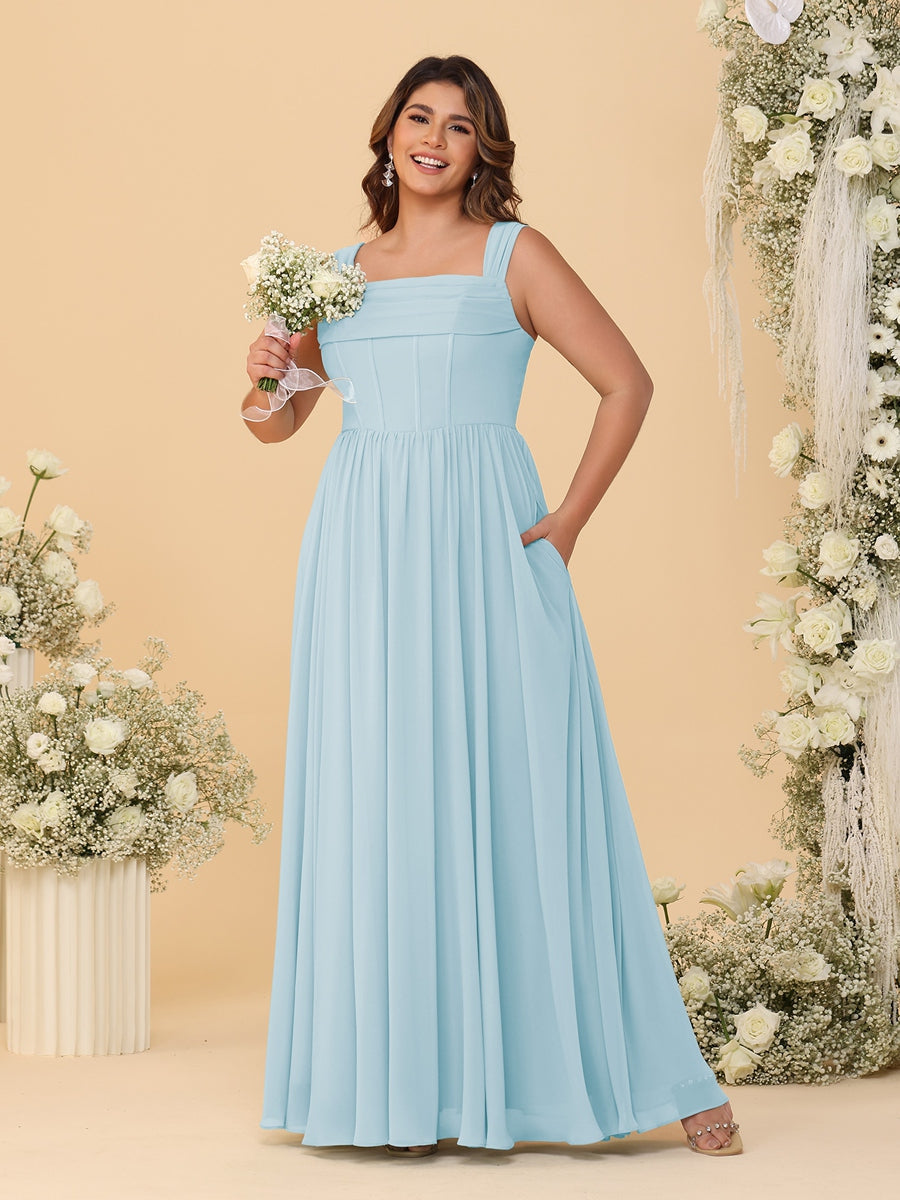 Chiffon A-Line/Princess Square Neck Sleeveless Plus Size Bridesmaid Dresses with Pleats Light Blue
