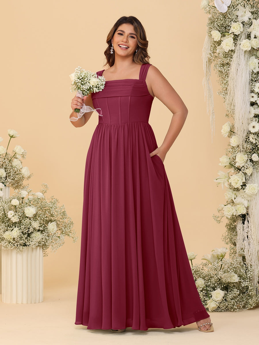 Chiffon A-Line/Princess Square Neck Sleeveless Plus Size Bridesmaid Dresses with Pleats Light Burgundy