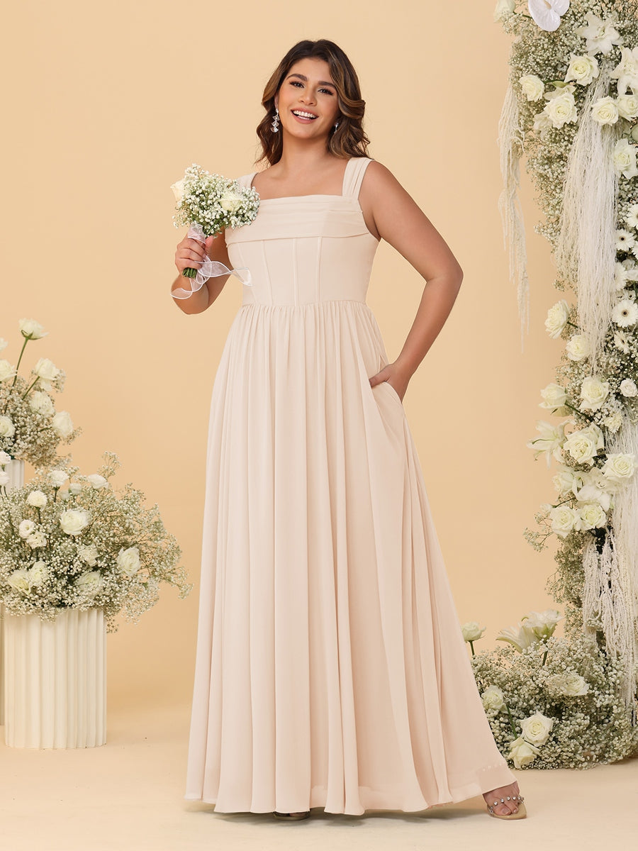 Chiffon A-Line/Princess Square Neck Sleeveless Plus Size Bridesmaid Dresses with Pleats Light Champagne