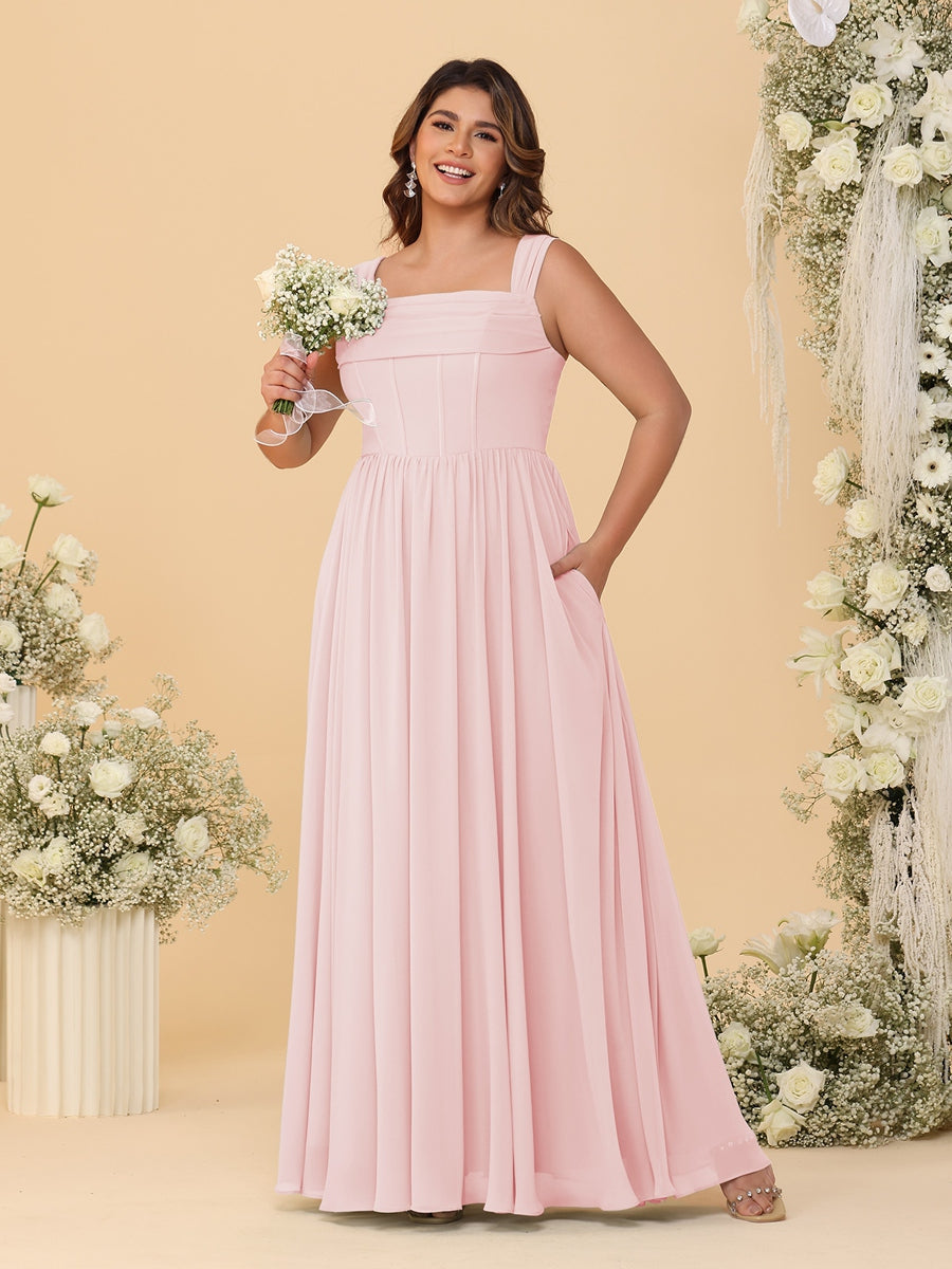 Chiffon A-Line/Princess Square Neck Sleeveless Plus Size Bridesmaid Dresses with Pleats Light Pink