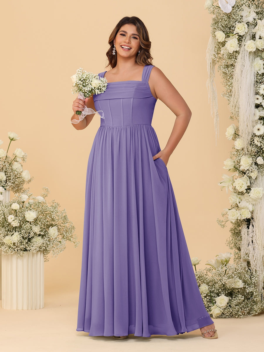 Chiffon A-Line/Princess Square Neck Sleeveless Plus Size Bridesmaid Dresses with Pleats Light Purple