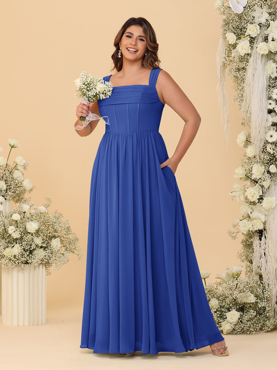 Chiffon A-Line/Princess Square Neck Sleeveless Plus Size Bridesmaid Dresses with Pleats Light Royal Blue