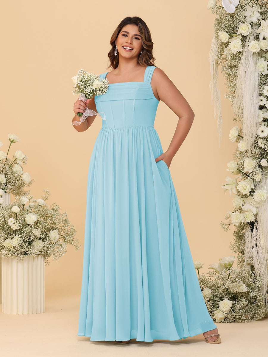 Chiffon A-Line/Princess Square Neck Sleeveless Plus Size Bridesmaid Dresses with Pleats Light Sky Blue