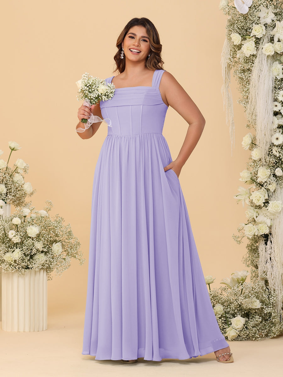Chiffon A-Line/Princess Square Neck Sleeveless Plus Size Bridesmaid Dresses with Pleats Lilac