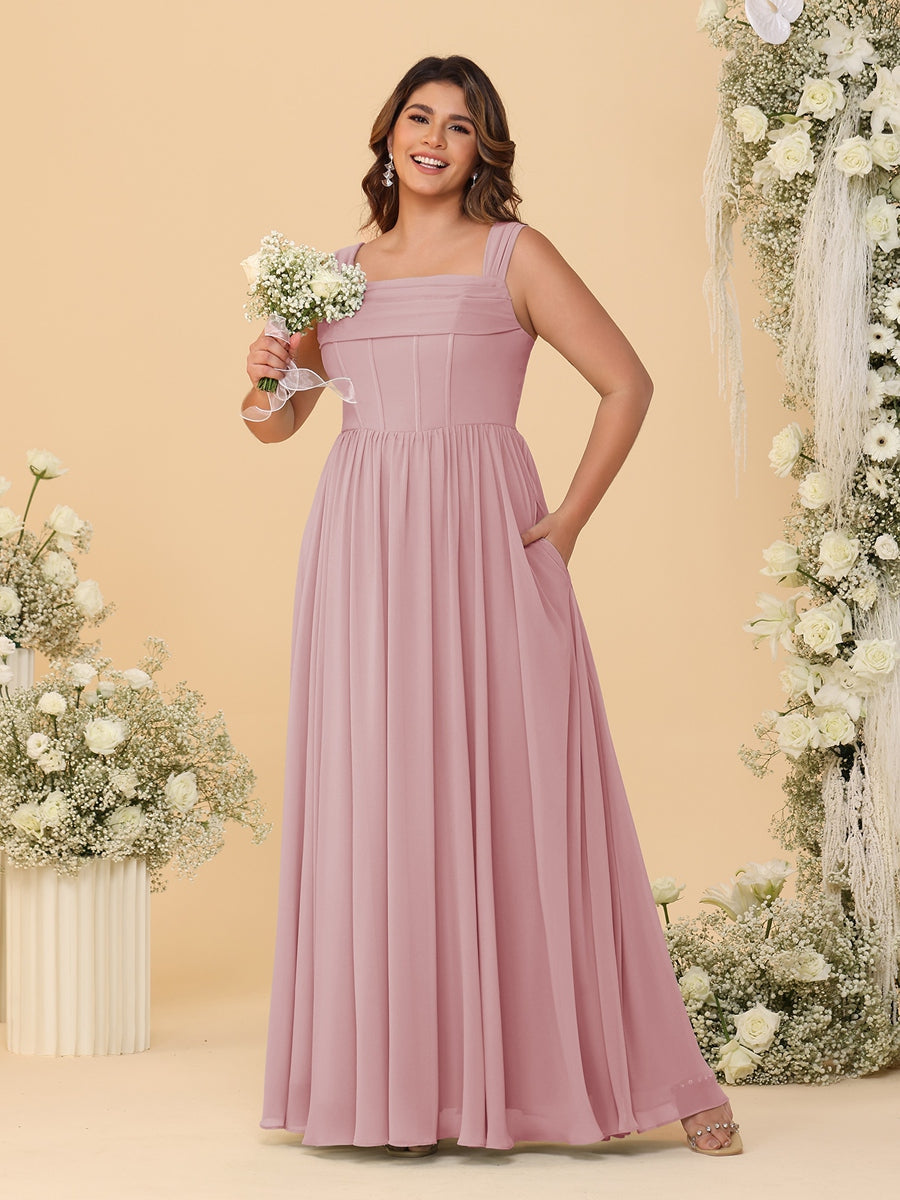 Chiffon A-Line/Princess Square Neck Sleeveless Plus Size Bridesmaid Dresses with Pleats Mauve