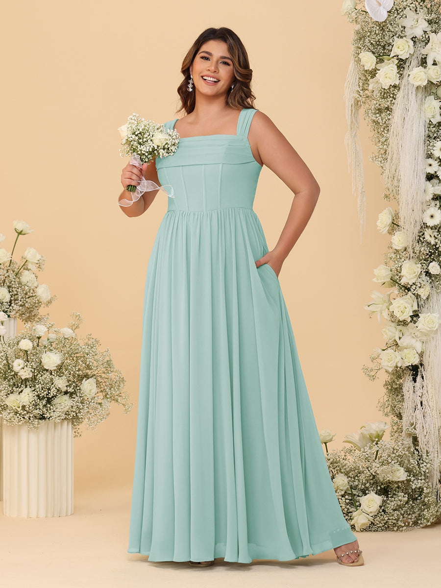 Chiffon A-Line/Princess Square Neck Sleeveless Plus Size Bridesmaid Dresses with Pleats Mist Blue