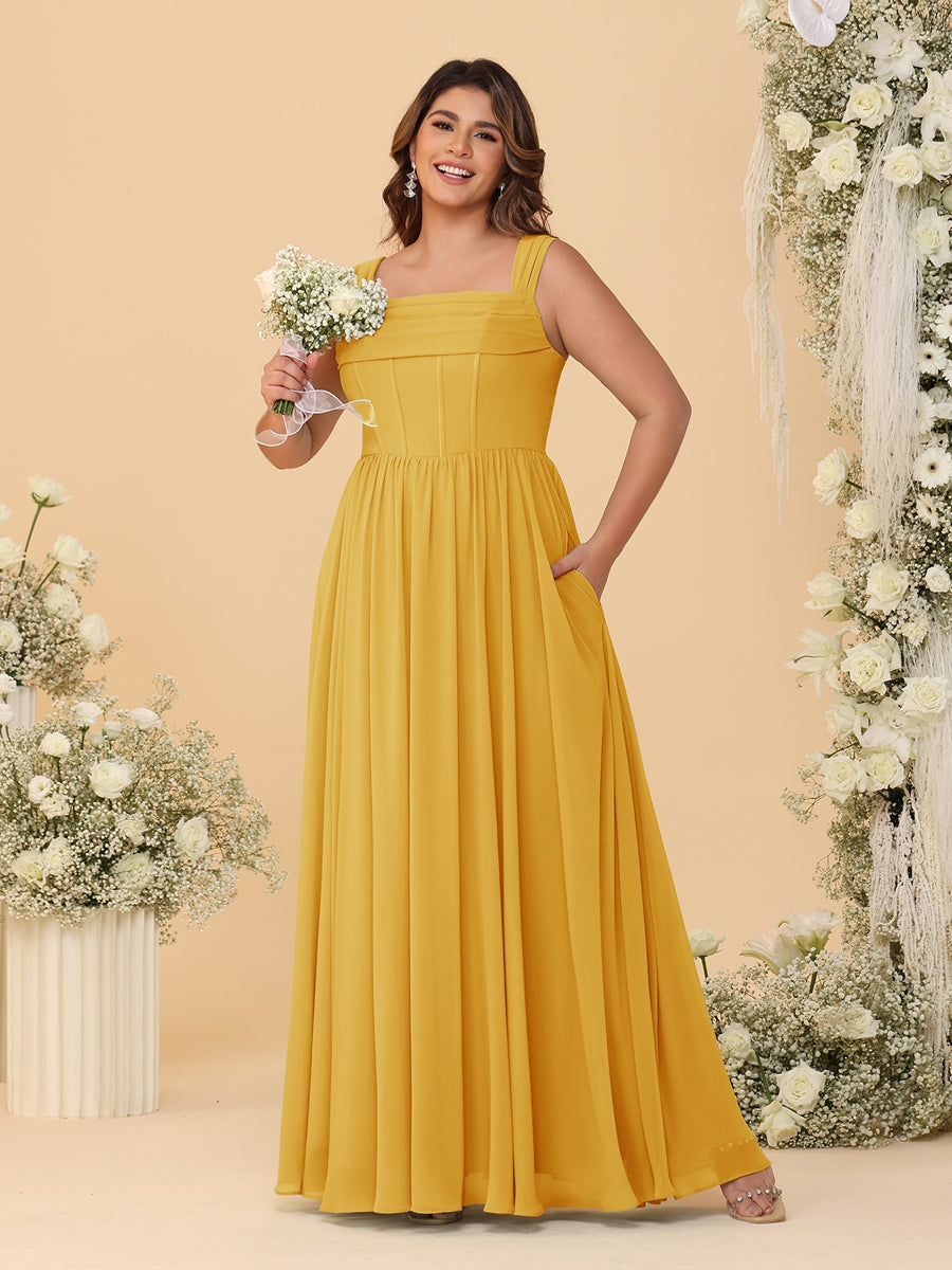 Chiffon A-Line/Princess Square Neck Sleeveless Plus Size Bridesmaid Dresses with Pleats Mustard Yellow