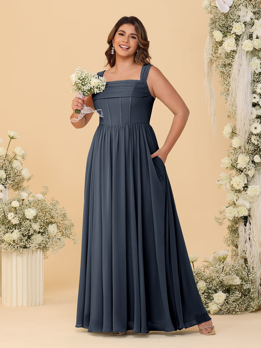 Chiffon A-Line/Princess Square Neck Sleeveless Plus Size Bridesmaid Dresses with Pleats Navy Blue