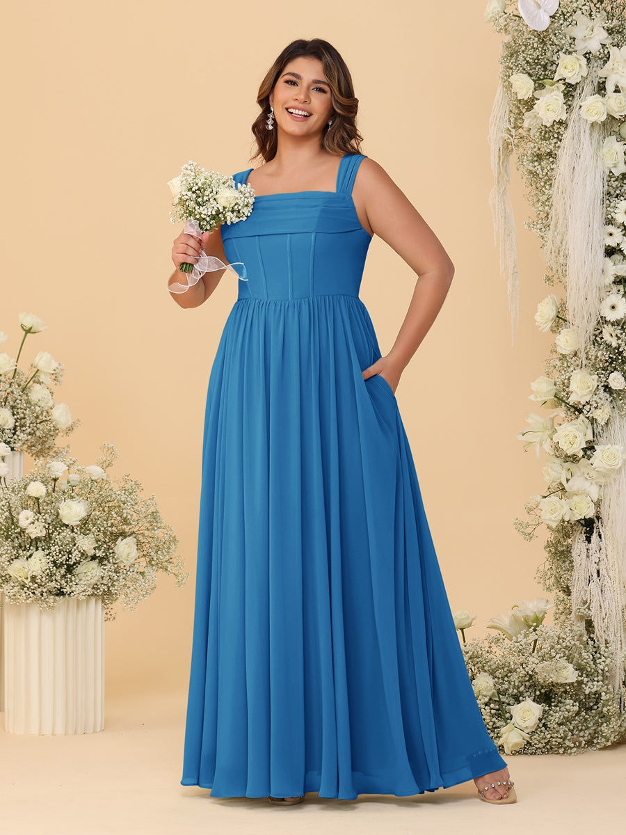 Chiffon A-Line/Princess Square Neck Sleeveless Plus Size Bridesmaid Dresses with Pleats Ocean Blue