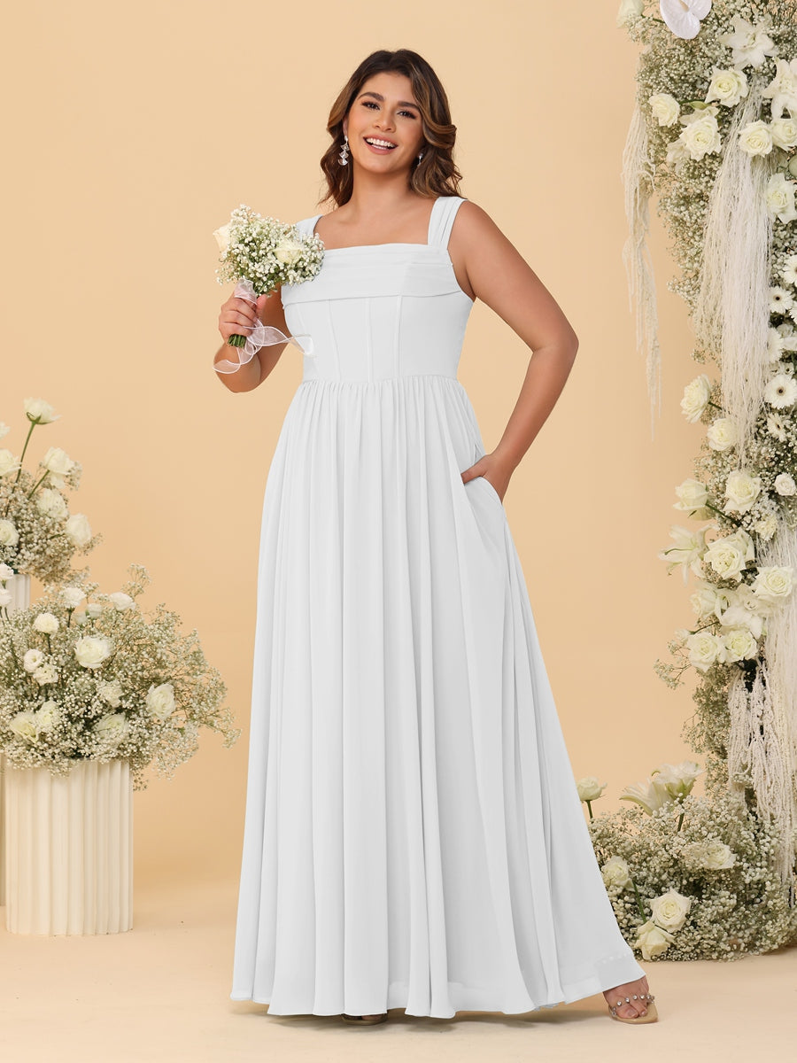 Chiffon A-Line/Princess Square Neck Sleeveless Plus Size Bridesmaid Dresses with Pleats Off White