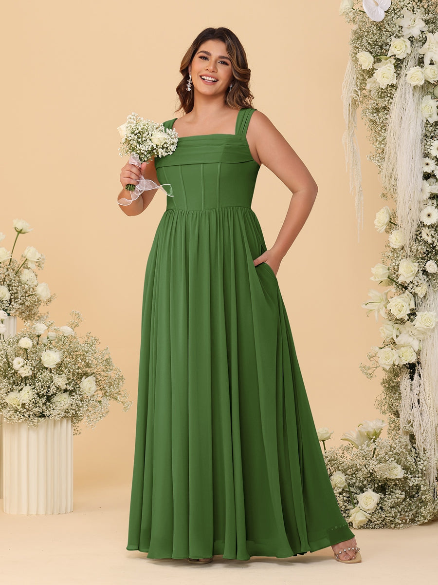 Chiffon A-Line/Princess Square Neck Sleeveless Plus Size Bridesmaid Dresses with Pleats Olive Green