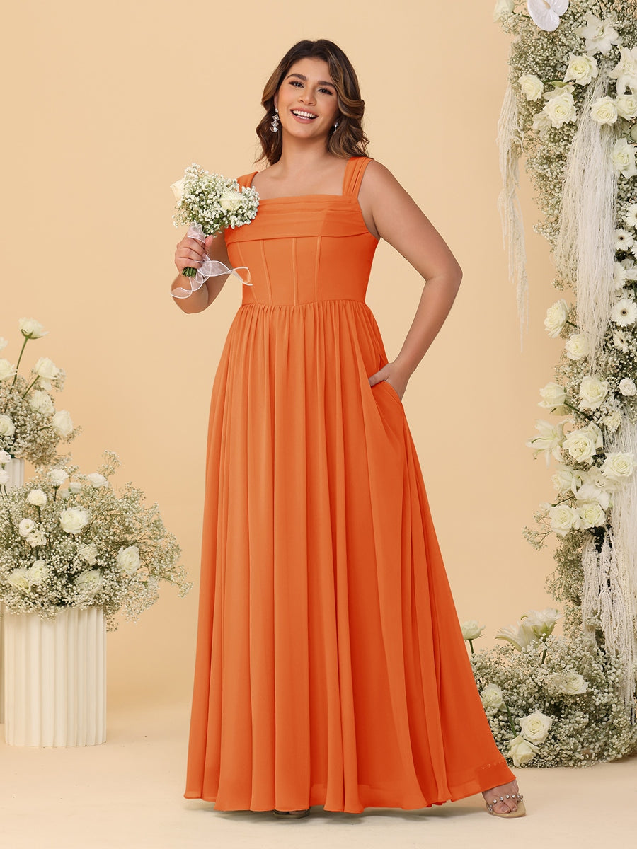 Chiffon A-Line/Princess Square Neck Sleeveless Plus Size Bridesmaid Dresses with Pleats Orange
