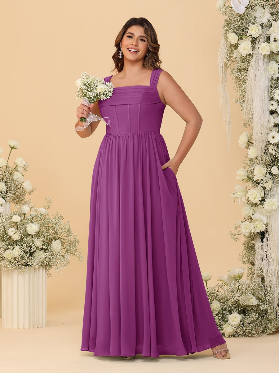 Chiffon A-Line/Princess Square Neck Sleeveless Plus Size Bridesmaid Dresses with Pleats Orchid