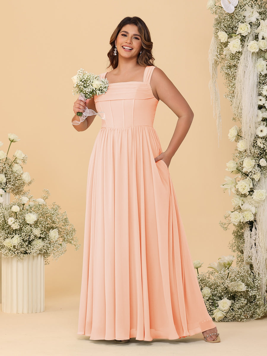 Chiffon A-Line/Princess Square Neck Sleeveless Plus Size Bridesmaid Dresses with Pleats Peach Pink