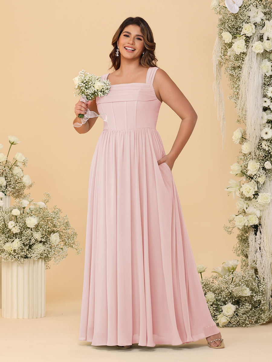 Chiffon A-Line/Princess Square Neck Sleeveless Plus Size Bridesmaid Dresses with Pleats Pearl Pink