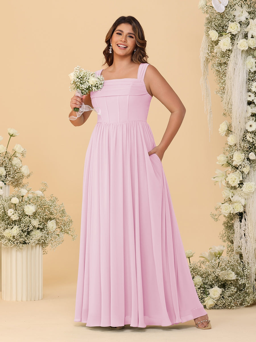 Chiffon A-Line/Princess Square Neck Sleeveless Plus Size Bridesmaid Dresses with Pleats Pink