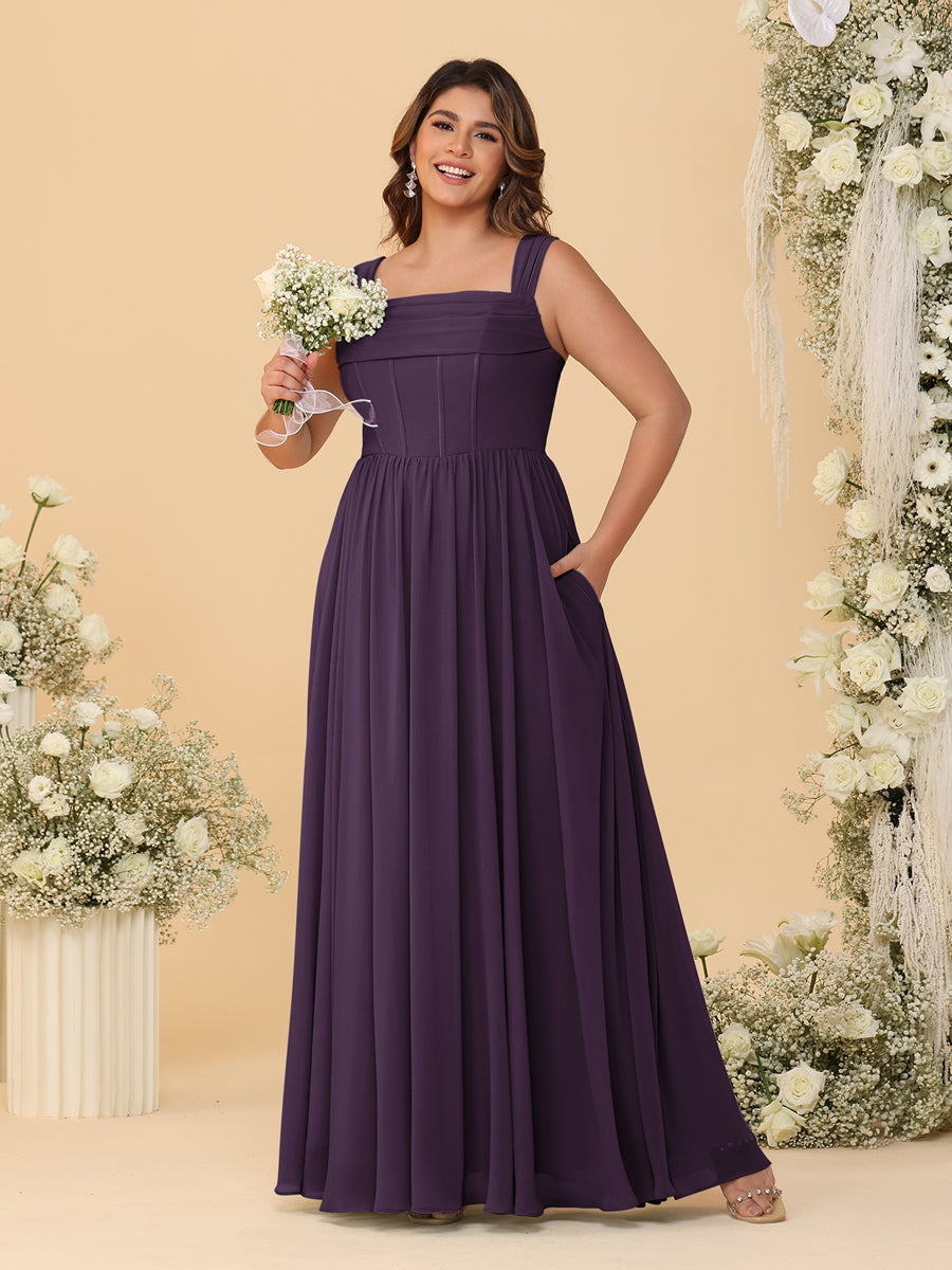 Chiffon A-Line/Princess Square Neck Sleeveless Plus Size Bridesmaid Dresses with Pleats Plum