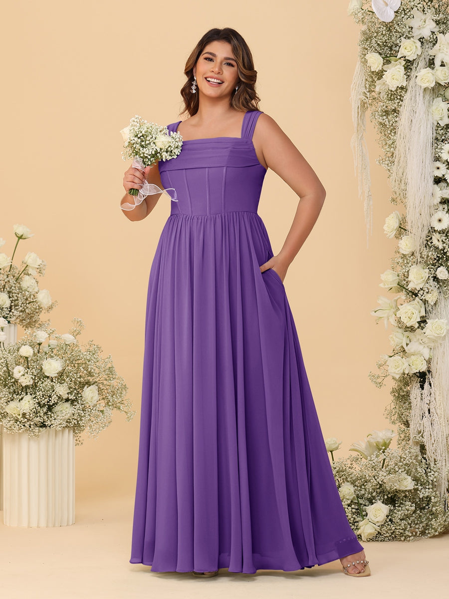 Chiffon A-Line/Princess Square Neck Sleeveless Plus Size Bridesmaid Dresses with Pleats Purple