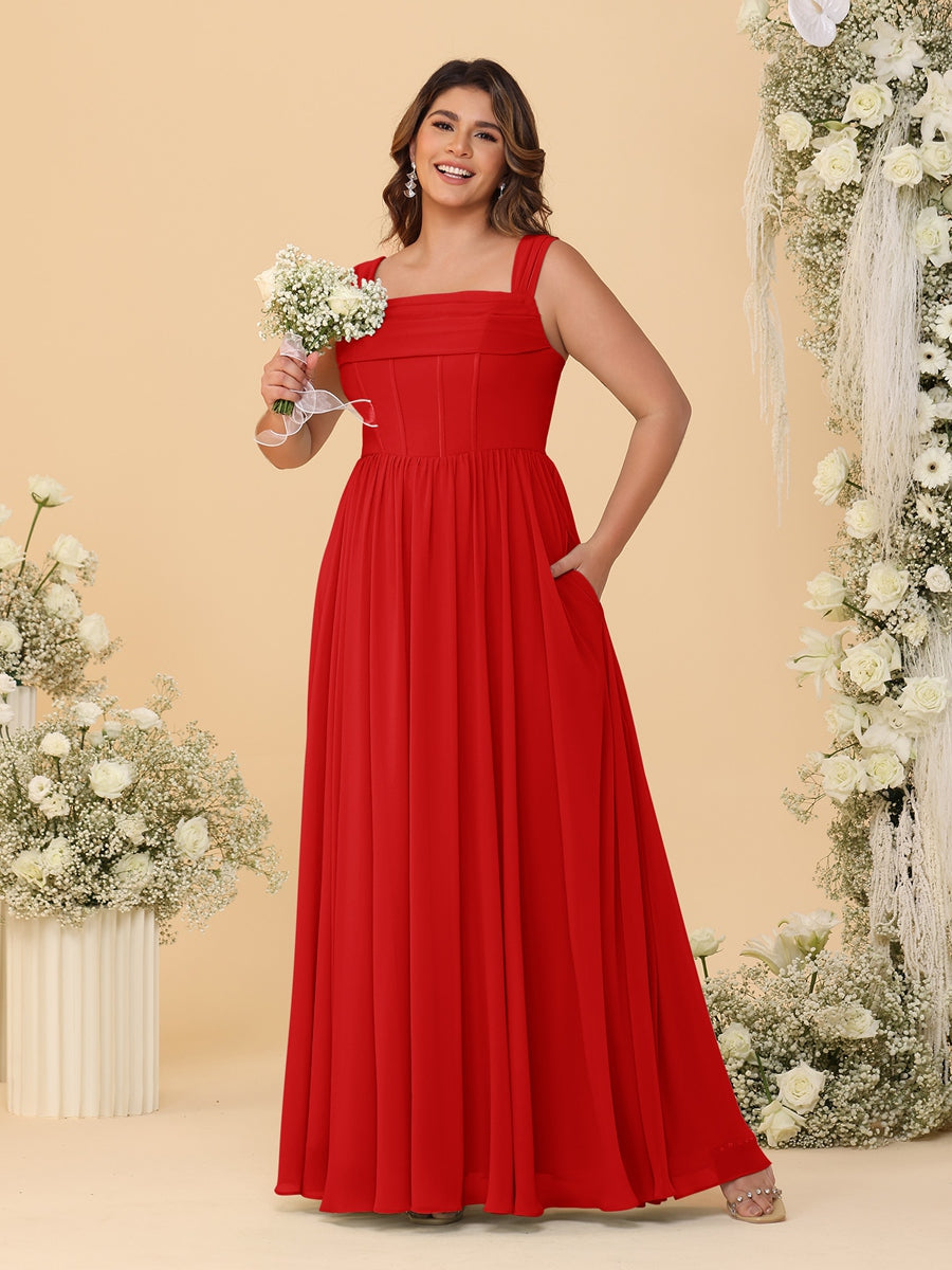 Chiffon A-Line/Princess Square Neck Sleeveless Plus Size Bridesmaid Dresses with Pleats Red