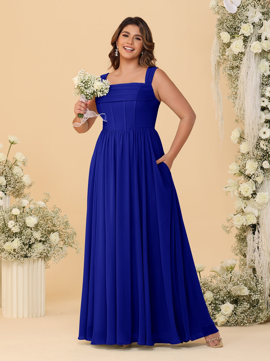 Chiffon A-Line/Princess Square Neck Sleeveless Plus Size Bridesmaid Dresses with Pleats Royal Blue