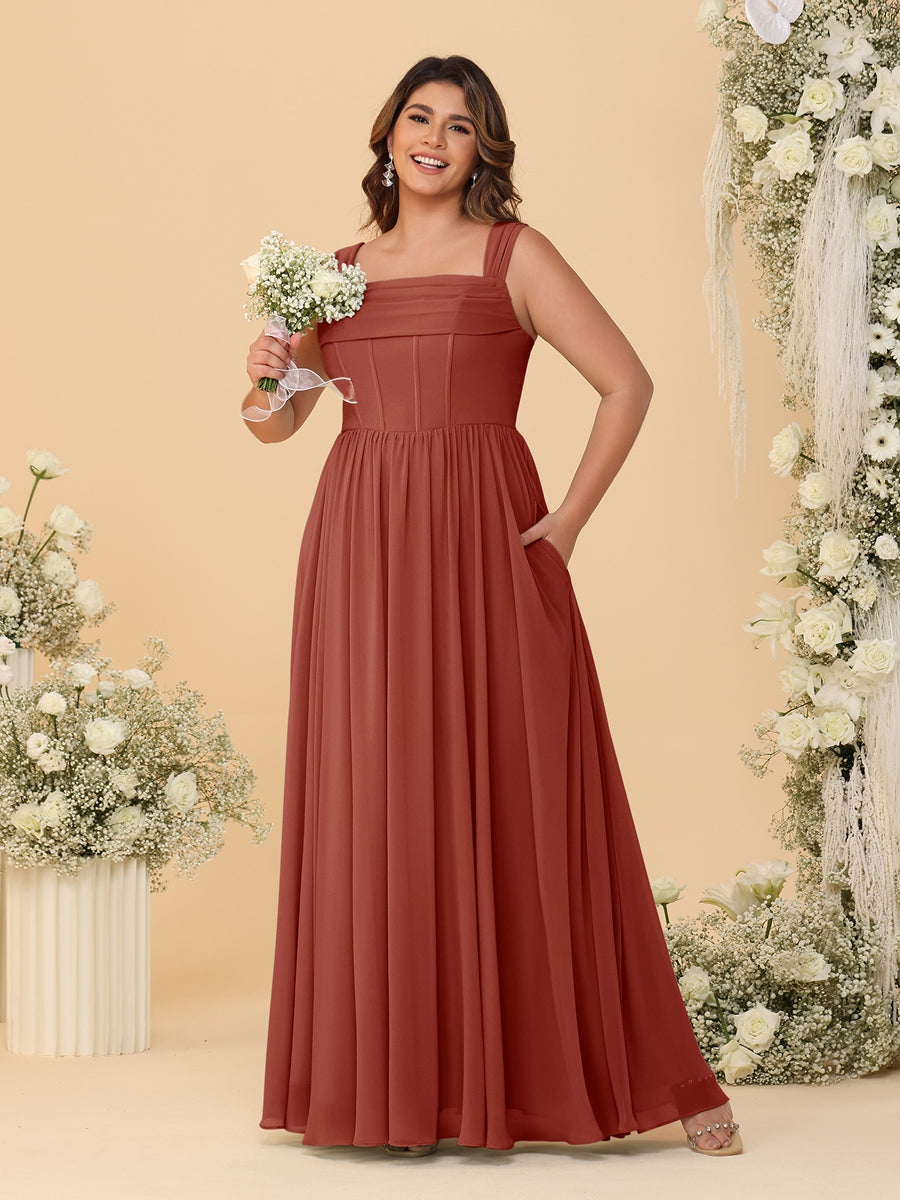Chiffon A-Line/Princess Square Neck Sleeveless Plus Size Bridesmaid Dresses with Pleats Rust