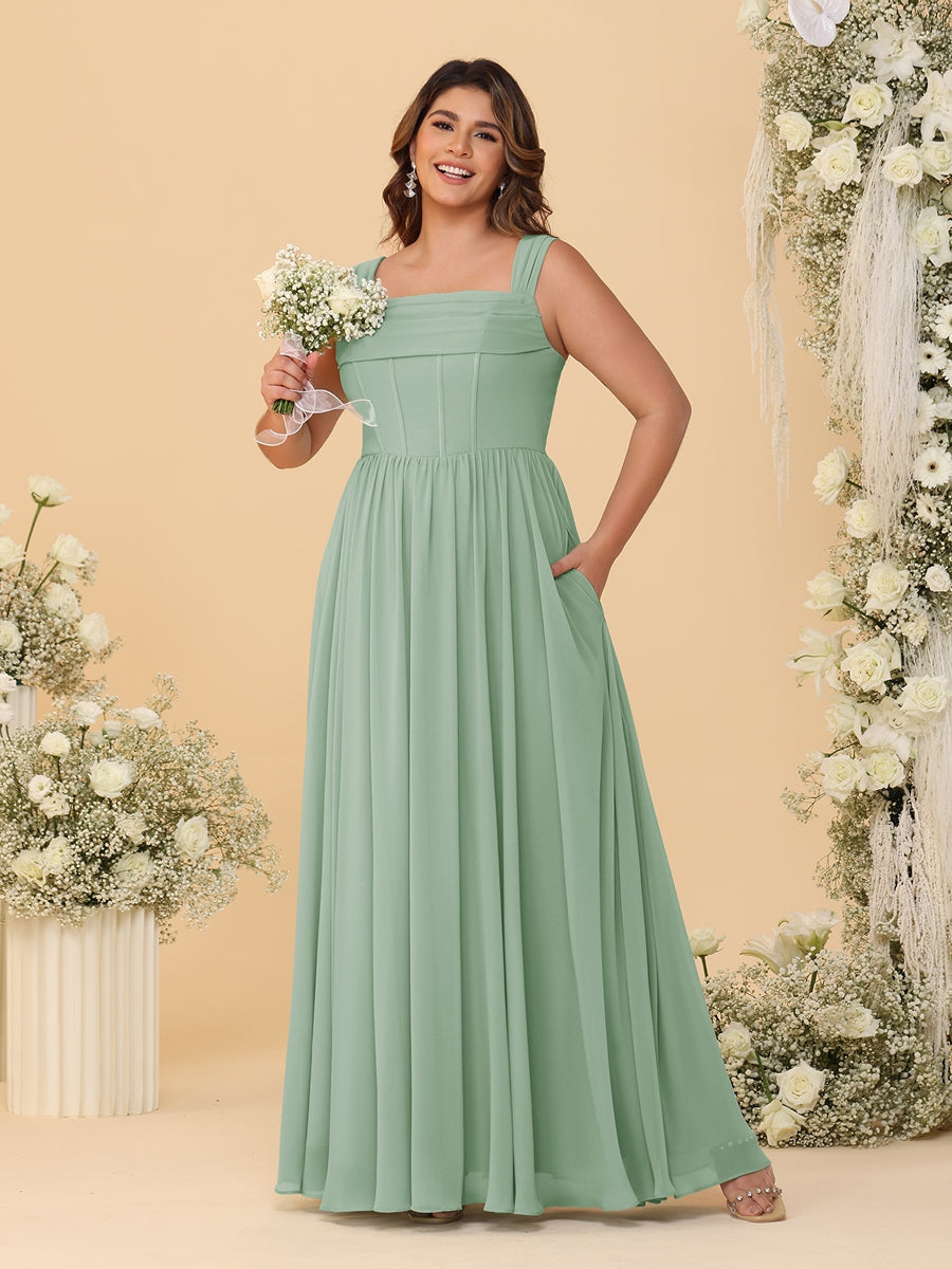 Chiffon A-Line/Princess Square Neck Sleeveless Plus Size Bridesmaid Dresses with Pleats Sage