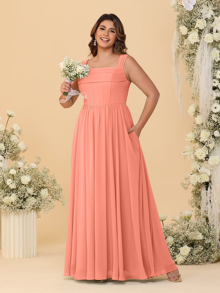 Chiffon A-Line/Princess Square Neck Sleeveless Plus Size Bridesmaid Dresses with Pleats Salmon