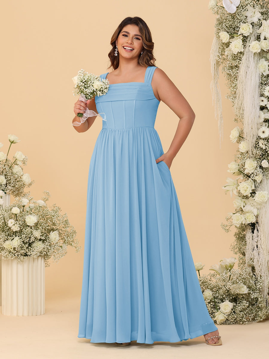 Chiffon A-Line/Princess Square Neck Sleeveless Plus Size Bridesmaid Dresses with Pleats Sky Blue