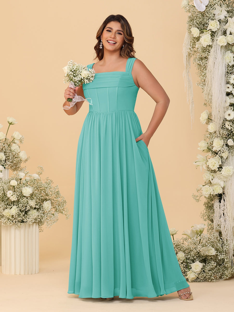 Chiffon A-Line/Princess Square Neck Sleeveless Plus Size Bridesmaid Dresses with Pleats Spa