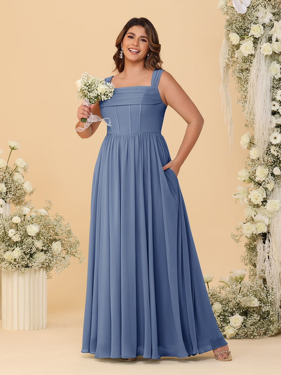 Chiffon A-Line/Princess Square Neck Sleeveless Plus Size Bridesmaid Dresses with Pleats Steel Blue